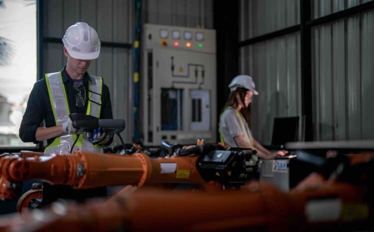 team engineers inspecting on machine with smart tablet. Worker works at heavy machine robot arm. The welding machine with a remote system in an industrial factory. Artificial intelligence concept.