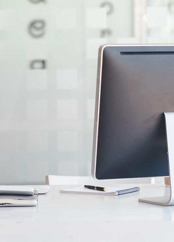 Stylish workspace with desktop computer work desk concept Stylish workspace with desktop computer work desk concept