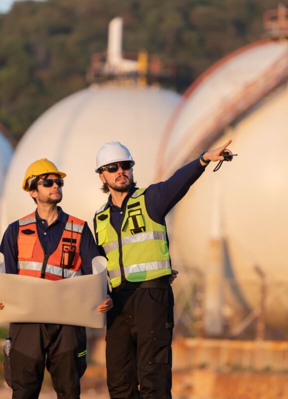 Petroleum engineers having a discussion near oil storage tanks  at oil refinery site